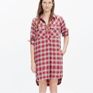 Madewell flannel dress plaid soft cozy pockets xxs oversized fall wear red gray‎